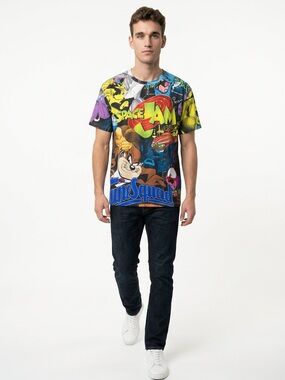 Space Jam Retro 90s Allover Print Multicolor Graphic Men's L Crewneck Tee Shirt